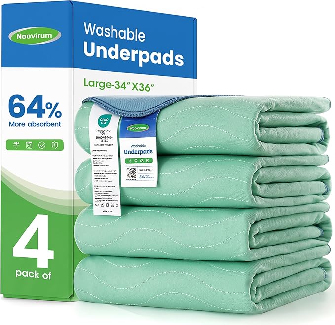 Noovirum® Washable Underpads,34"x36" (Pack of 4) - Heavy Absorbency Incontinence Bed Pads for Adults, Kids & Pets - Waterproof Reusable Protective Pad for Bed, Sofa, Furniture & Floor