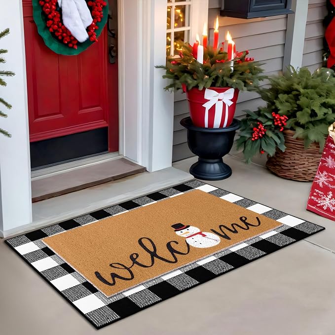 Tinideya 2 Pcs Winter Door Mat Snowman Welcome Non Slip Coir Mats Snow Black White Buffalo Plaid Floor Layering Doormats Seasonal for Front Porch Entryway Decor(Snowman)