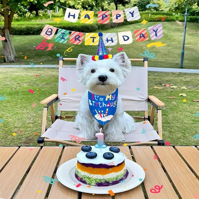 Pet Birthday Party Set,Dogs Bandana and Dog Birthday Hat with Star Pattern Design, Adjustable Sequin Bow tie Accessories, Blue Birthday Boy Scarf (Dark Blue)