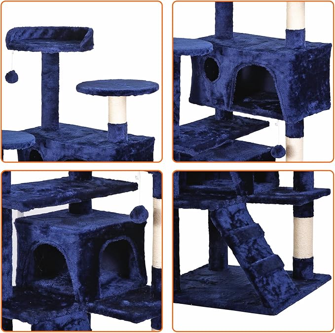 Multi-Level Cat Tree Tower with Condos, 54" Tall Cat Activity Center with Plush Perches and Toys, Space Saving Pet Playhouse for Kittens and Cats (Blue)
