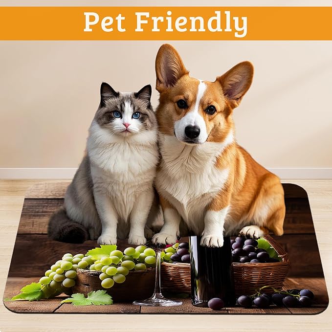 Pet Feeding Mat,Red Wine Absorbent Dog Cat Food Mat Grape Wood Dog Mat with Rubber Backing,Non-Slip Water Bowl Placemat,Pet Supplies 16" x 24"