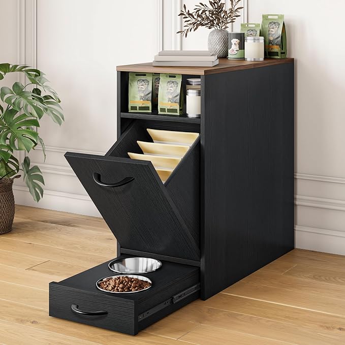 DWVO Dog Feeding Station with Storage, Dog Food Cabinet with 2 Feeder Bowls, Pull Out Elevated Dogs Bowl, Black