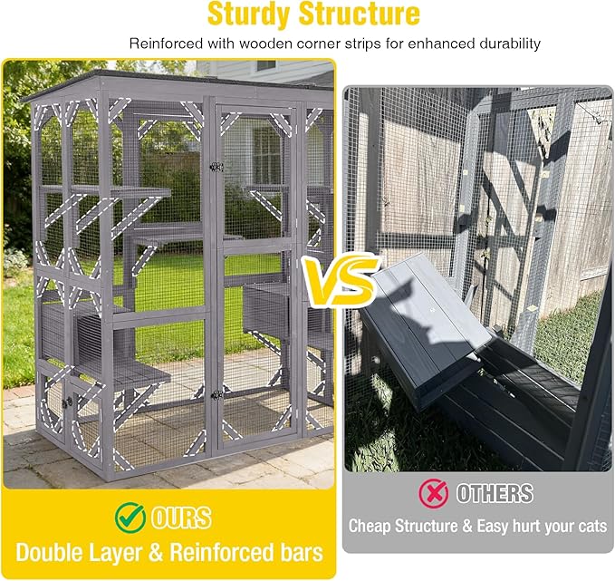 Aivituvin Cat House Outdoor Catio Kitty Enclosure with Super Large Enter Door,Wooden Cat Cage Condo Indoor Playpen with Platforms,Small House 71 Inch