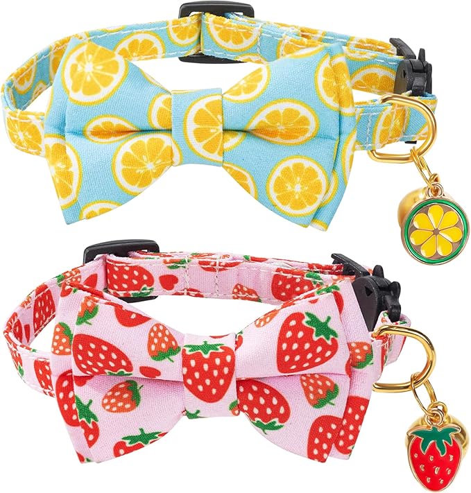 Breakaway Cat Collar with Cute Bow Tie Bell 2Pack Lemon Strawberry Summer Collars for Male Female Soft Cotton Kitty Kitten Collar Cute Cat Collars Ideal for Girl Cats Boy Male Cats