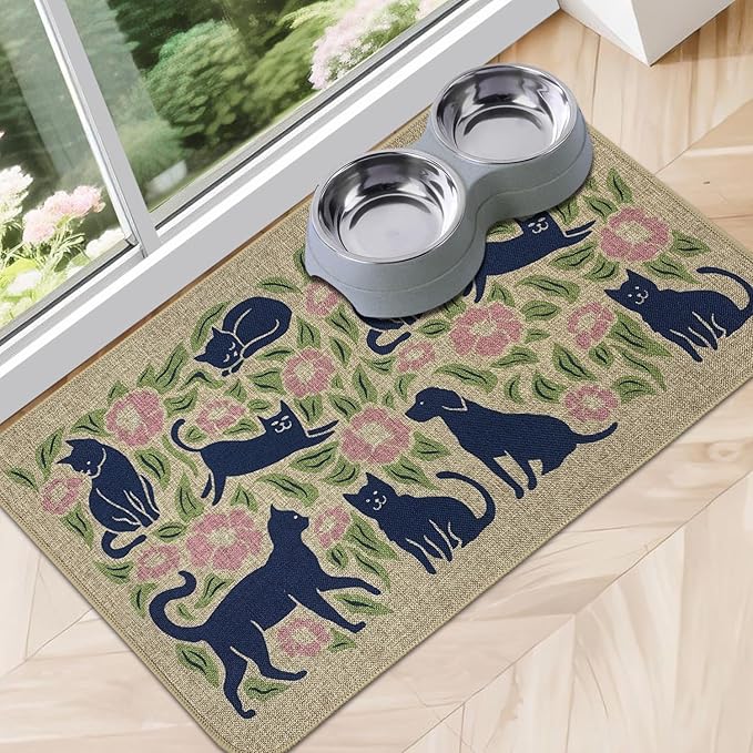 SHIYUE Dog Food Mats for Floors, Absorbent Cat Bowl for Food and Water, Non-Slip Accessories Pet Supplies(12"x20",Beige Animal Flower)