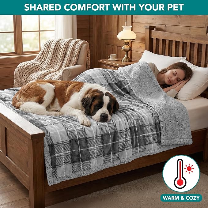 PetAmi Waterproof Dog Blanket for Medium Large XL Dog Puppy Cat Throw for Couch Cover Leakproof Protection, Sherpa Fleece, Reversible Soft Washable 80x60 Plaid Light Gray