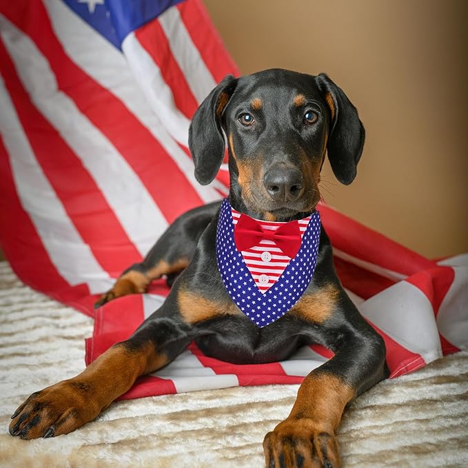 ADOGGYGO American Flag Dog Tuxedo Bandana, Red Blue Pet Tux with Bowtie Adjustable 4th of Julty Bandana Costume for Extra Large Dogs Pets (XL)