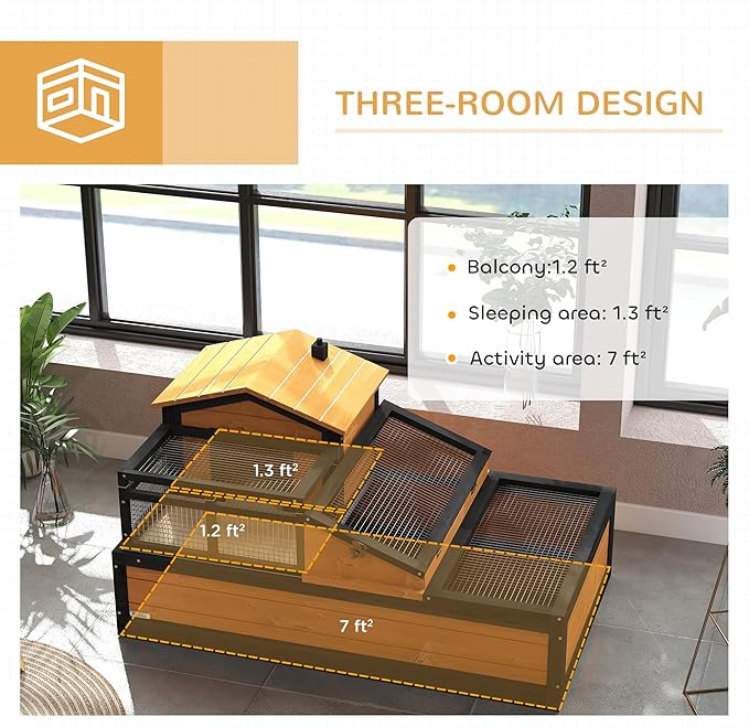 PawHut 3- Room Tortoise House Habitat with Balcony & 2 Stories, Indoor/Outdoor Wooden Tortoise Enclosure with Ladder, Tray, Openable Roof, Large Reptile Cage, 44" x 25.5" x 23", Yellow