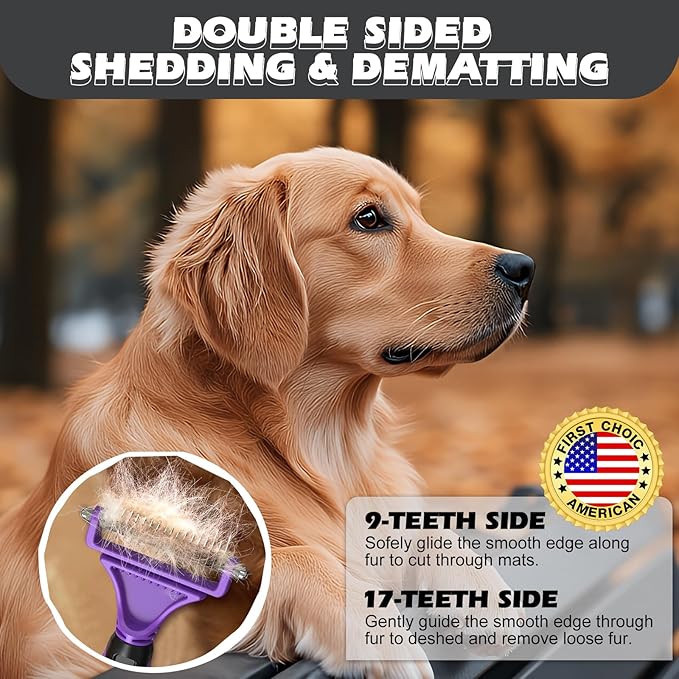 3PCS Pet Grooming Rake & Metal Comb & Flea Comb for Cats and Dogs, Double-Sided Dematting Tool, Extra-Wide Deshedding Dog Brush for Long Hair to Effectively Remove Tangles, Knots and Mats (Purple)