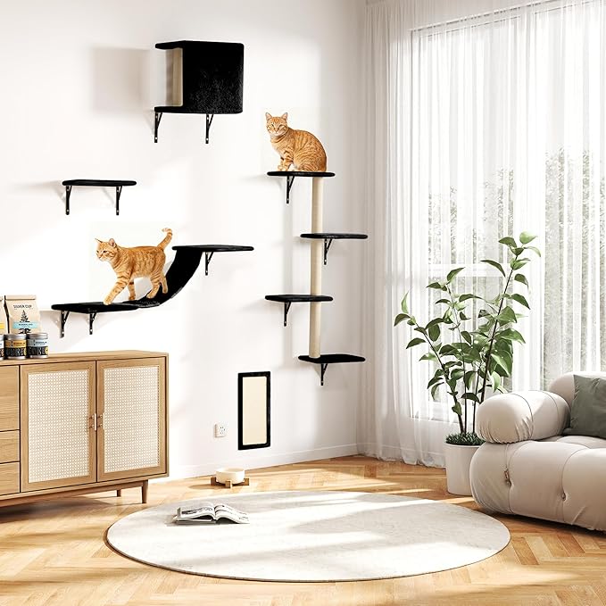 COZIWOW Wall Mounted Cat Furniture, Cat Wall Shelves and Perches, Floating Cat Shelves for Wall Set of 5 (Black)