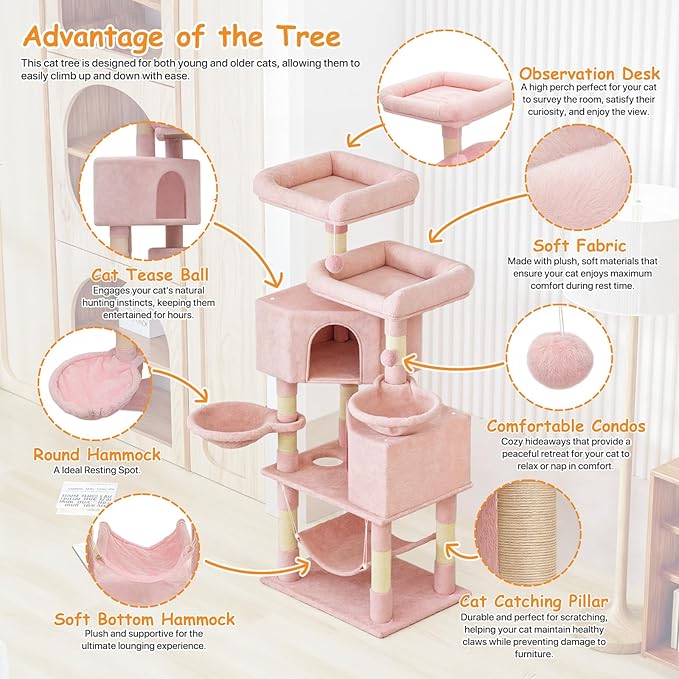 58" Cat Tree Tower for Indoor Cats, Multi-Level Activity Center with Scratching Posts, Hammocks, Top Perch, Dangling Ball & Cat Condo, Soft Pink