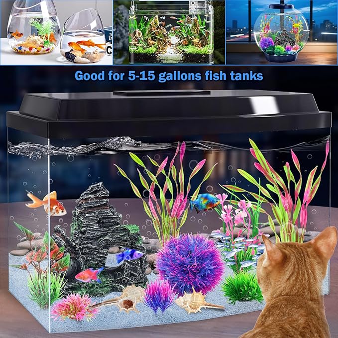 10pcs Aquarium Artificial Plastic Plants Decorations and Rock Cave Decor Set, Fish Tank Accessories Small Large Fish Bowl Ornaments Set