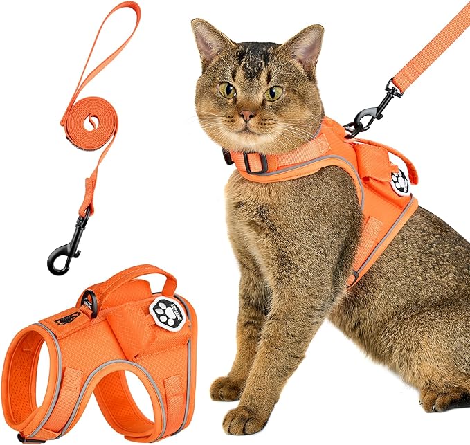 OneTigris Cat Harness and Leash - Escape Proof Soft Adjustable Kitten Harness, Breathable, Comfortable, Durable Water-Resistant Tactical Vest with Reflective Strips and Pocket for Cat Tracker