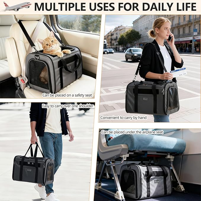 Cat Travel Carrier .Foldable Dog Carrier Bag, Soft Sided cat Carrier up to 20 Lbs,Pet Carrier Soft-Sided Escape Proof with 4 Ventilated Windows, Airline Approved Cat Carrier (Grey)