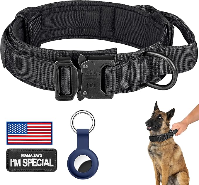 DAGANXI Tactical Dog Collar, Adjustable Military Training Nylon Dog Collar with Control Handle and Heavy Metal Buckle for Medium and Large Dogs, with Patches and Airtags Case (M, Black)