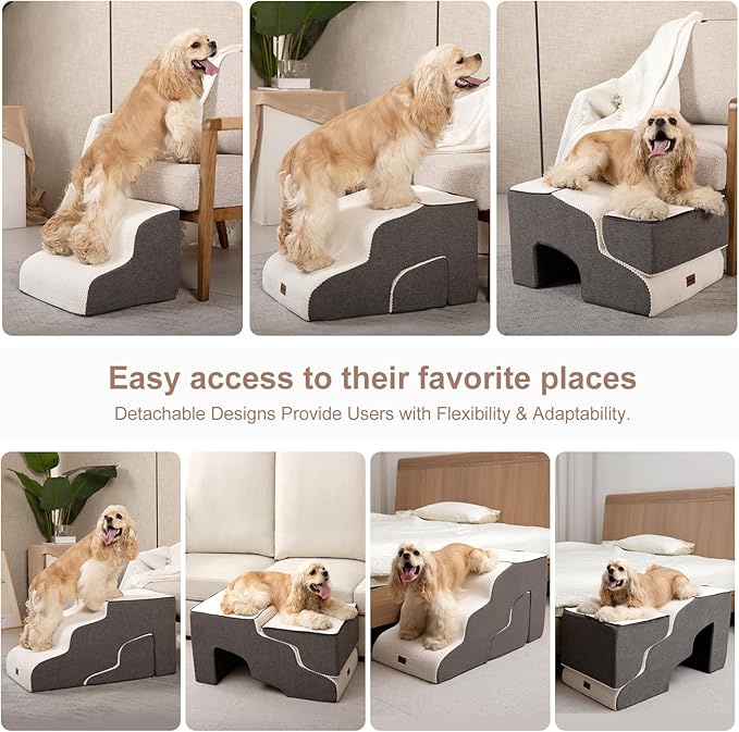 Dog Stairs for High Beds with Tunnel, 5-Step Dog Steps for Small Dogs and Cats, Foldable Pet Stairs for High Bed Climbing, Non-Slip Balanced Pet Step Indoor, Beige
