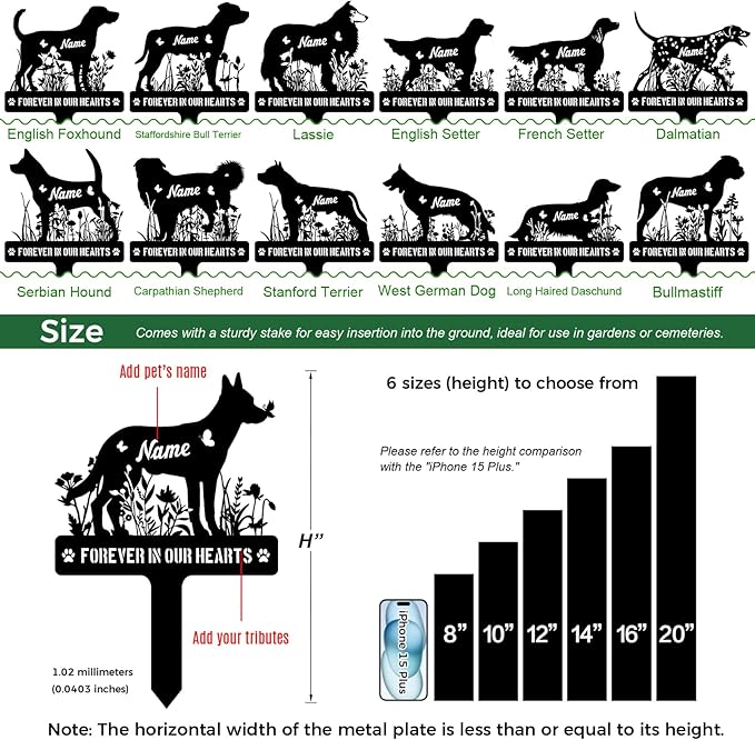 Custom Metal Dog Breed Memorial Stake – Personalized Pet Grave Marker Tombstone, Outdoor Garden Sign, Dog Remembrance Plaque, Sympathy Sign Decor for Graveside or Yard, Pet Loss Gifts