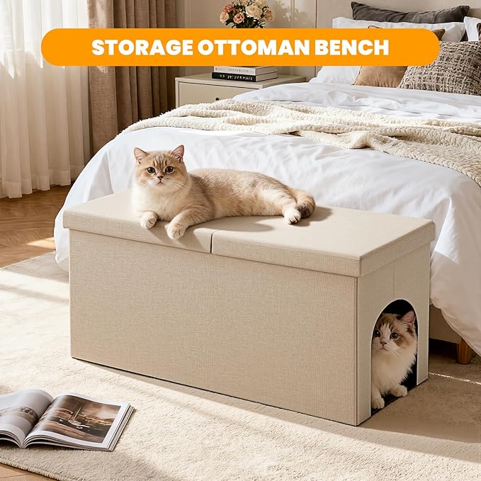 3-in-1 Cat Litter Box Enclosure with Odor Control, Multi-Functional Hidden Litter Box Furniture Bench, Dog Proof, Space-Saving Ottoman Cabinet with Flip-Up Lid, Storage Footrest, Beige