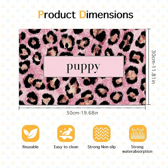 Puppy Feeding Mat 20x12 inch Pink Leopard Print Dog Bowl Placemat Non Slip Mat for Pet Food and Water Small Dogs Indoor Feeding Station Puppy Pet Placemat for Kitchen and Dining