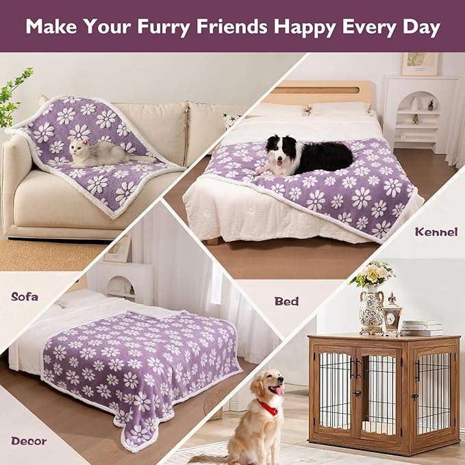 Waterproof Blanket for Dog Cat or Adult, Cute 3D Textured Flower Dog Blanket for Bed Couch Sofa, Soft Liquid Pee Proof Pet Furniture Protector, 50"x60", Purple