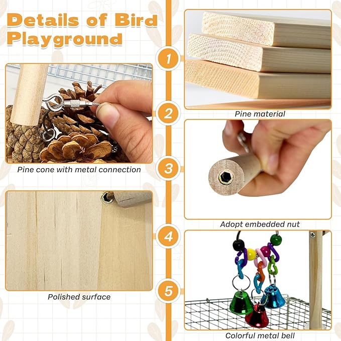 PINVNBY 3 PCS Wooden Small Bird Playground for Top of Cage, Wood Parrot Stands Perch Birds Gym with Hanging Chewing Toys Bird Cage Accessories for Parakeet Conure Love Birds Budgie