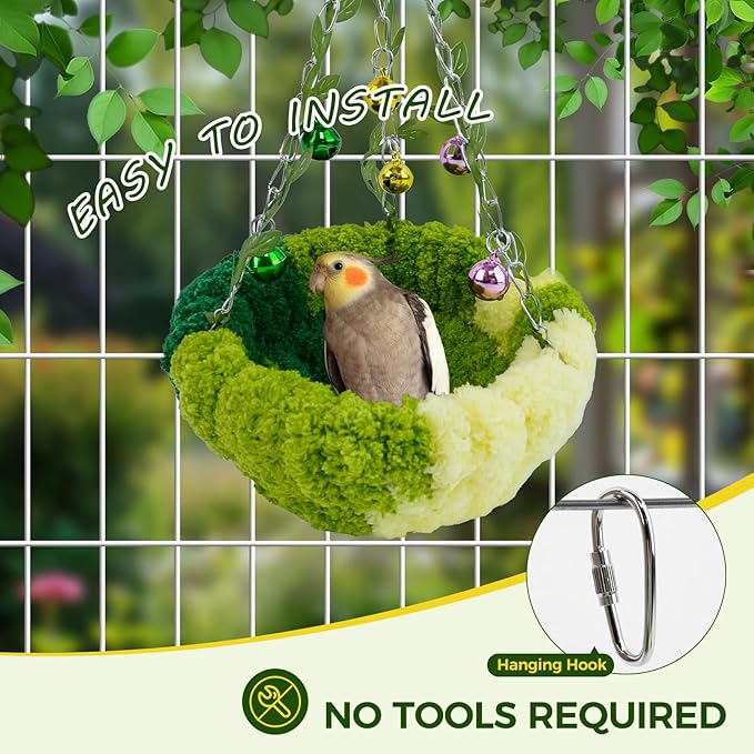 Bird Nest with Bell for Cage,Plush Hanging Bird Bed for Parakeet Indoor & Outdoor,Breeding Bird House for Conure,Budgie,Cockatiel,Lovebird,Canary,Finch,Hamster,Small Pets,Warm Nest,Green S