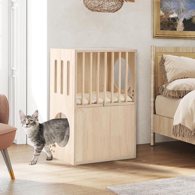 Tangkula 2-Tier Luxury Wood Cat House, Wooden Kitten Cage Condo with 2 Washable Plush Cushions, 2 Access Holes, Indoor Pet Playpen Cat Catio End Side Table Nightstand, Ventilated Cat Bed Furniture