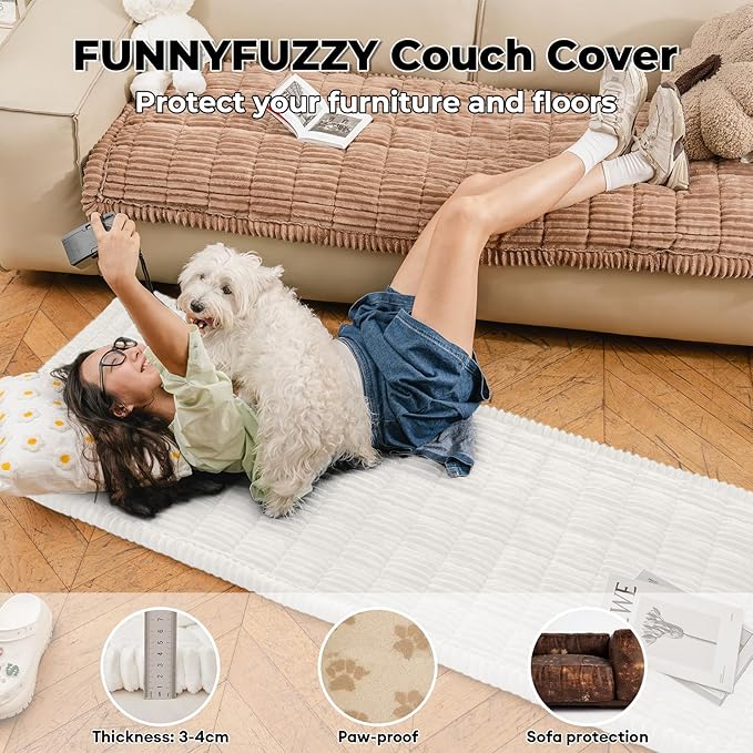 FUNNY FUZZY Pet Couch Covers for Sofa, Washable Dog Couch Cover Protector for Dogs, Flannel Couch Covers for Dogs Pet Friendly Pets Mat Bed (White, 19.7"x19.7")