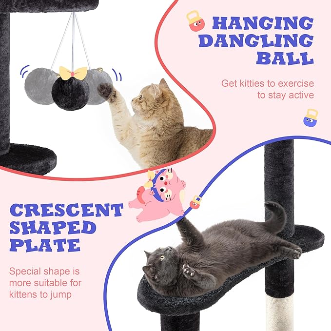 Allewie 55.5 in Cat Tree for Indoor Kitties/Soft Plush Perches/Multi-Level Cat Tower/Sisal Scratching Posts/Crescent Plates/Round Jumping Board/Hanging Ball/Pet Activity Center/Dark Grey