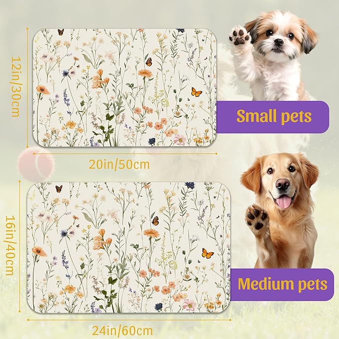 Vintage Wildflowers Herbs Pet Feeding Mat, Absorbent Bowl Pad, Quick Dry, Non-Slip Base, No Stains – 12x20 Inch