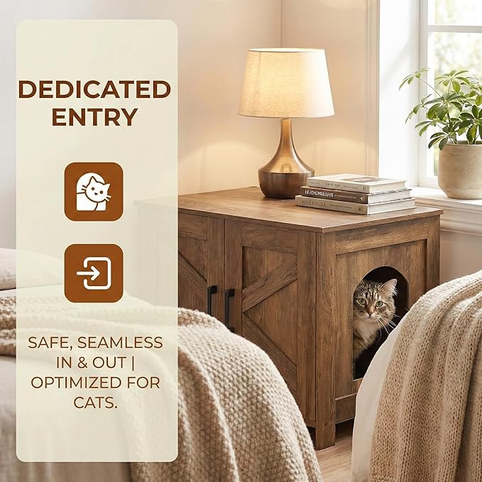 Homhedy Cat Litter Box Enclosure for 2 Cats, Wooden Pet Washroom Furniture with Double Room, Cat House, 47.2”L x 19.7”W x 19.7”H, Rustic Walnut