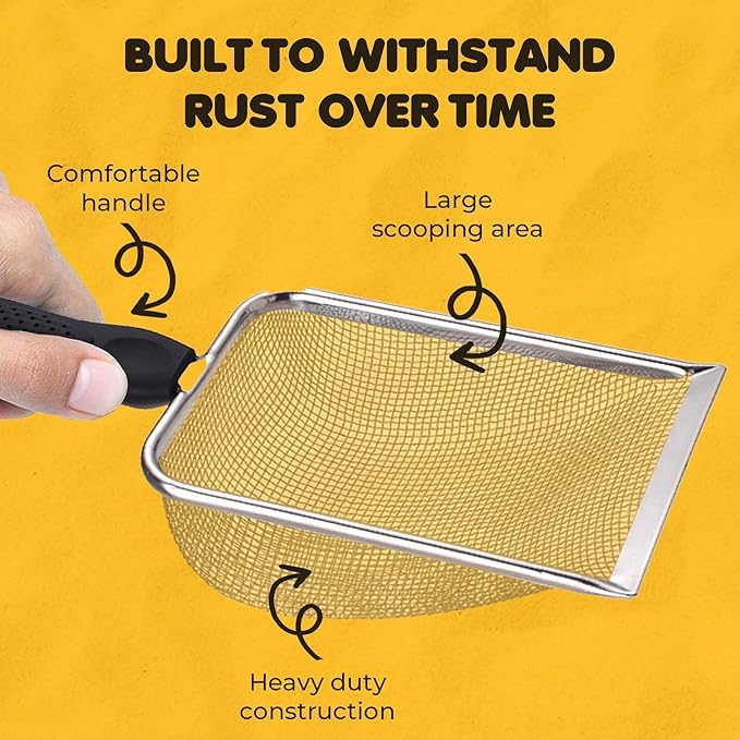 SunGrow Reptile Sand Scoop, Stainless Steel Fine Mesh Net for Lizard, Gecko, Snake Habitat, Substrate and Gravel Sifter, Black Non-Slip Handle Sifter, 11” x 4” x 2”, 1 Pc 