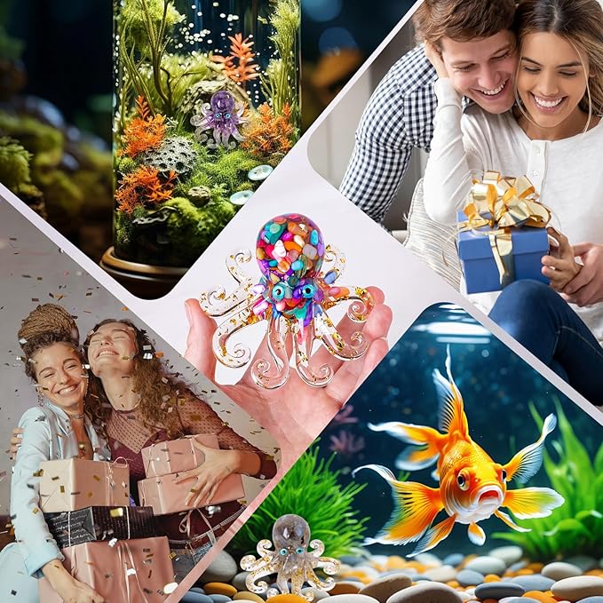 Octopus Decor Aquarium Decorative Resin Glass with Natural Crystal Stone Marine Animals Fish Tank Ornaments Statue Healing Home Decor Ladies Gift 3.93"