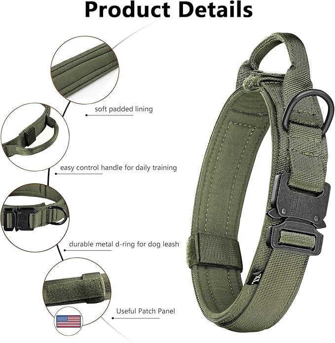 DAGANXI Tactical Dog Collar, Adjustable Military Training Nylon Dog Collar with Control Handle and Heavy Metal Buckle for Medium and Large Dogs, with Patches and Airtags Case (L, Green-Set)