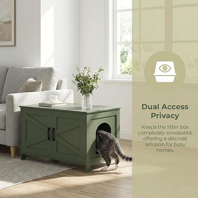 Homhedy Cat Litter Box Enclosure,Litter Box Furniture Hidden with Barn Door,Wooden Cat Washroom Furniture,Fit Most of Litter Box, Green, CL50L