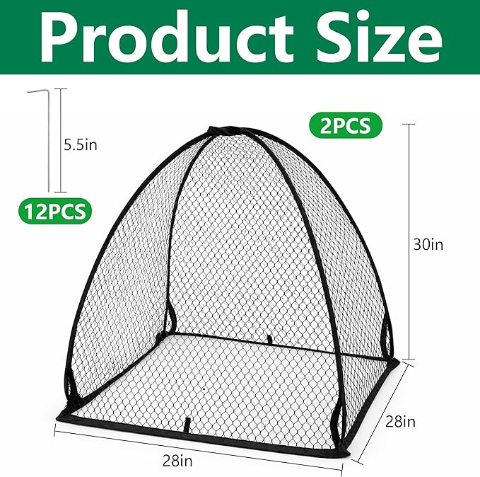 DECOHS 2 Pcs Pop-Up Mesh Plant Cover Tent, 30 x 28 x 28 Inch Garden Net Cage Guard Cover, Plant Protector Enclosure with 12 Ground Stakes for Protecting Plants Vegetable Fruit from Birds Insects