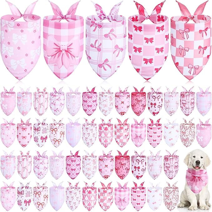Kacctyen 50 Pcs Pink Dog Bandanas Bulk Spring Bandana for Dogs Grooming with Aesthetic Bowknots Pattern Adjustable Scarf Bib Washable for Small Medium Large Puppy Cats Pets Costume Accessories