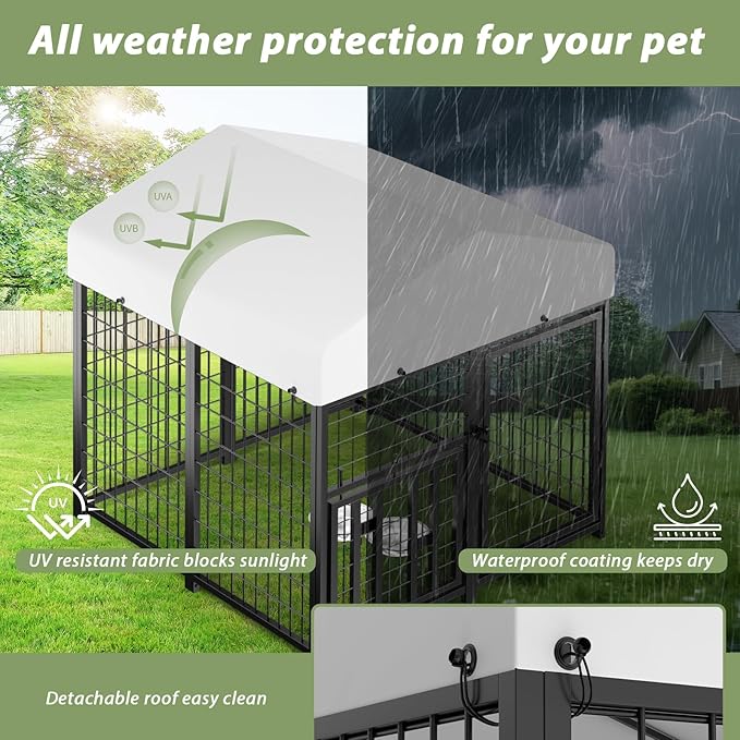 LOVMOR Outdoor Dog Kennel with Roof, Heavy Duty Steel Dog Run Enclosure for Small Dogs, Waterproof Canopy, Double Latch Door, Adjustable Feeding Bowls, Pet Pen for Yard and Patio, 4’L x 4’W x 4.25’H
