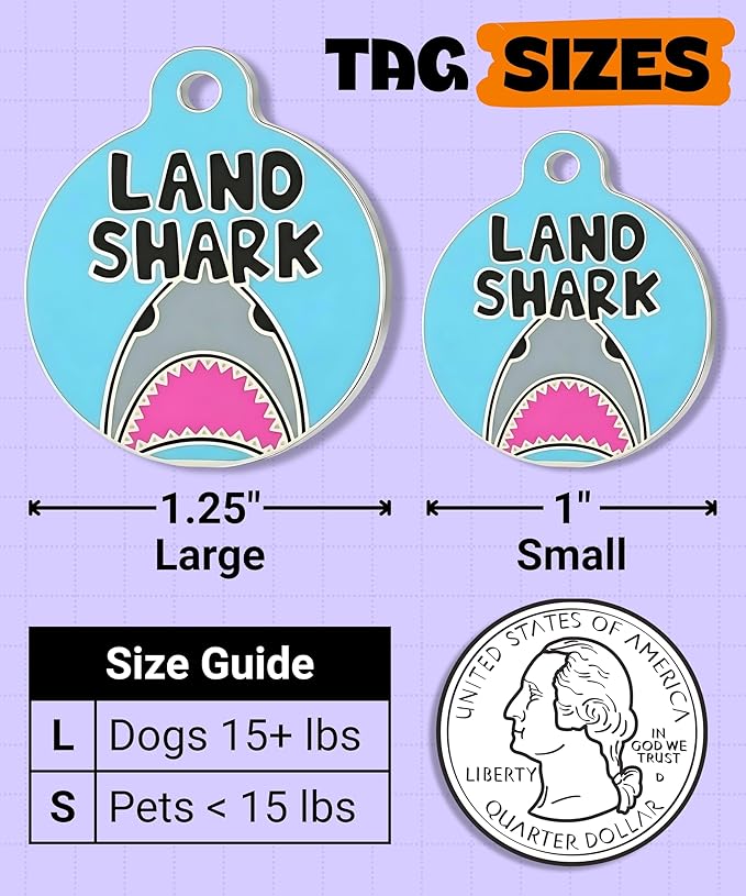 Bad Tags Personalized Dog and Cat ID Tags in 25+ Designs and 2 Sizes - 5 Lines of Custom Engraved Text - Funny Cute Personalized Pet Tags (Land Shark, Large (1.25 inch))