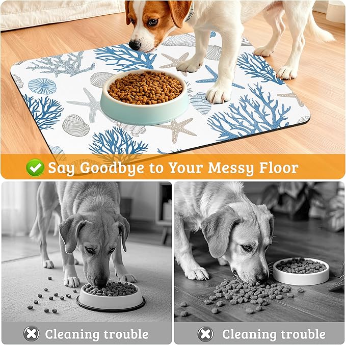 Seashell Beach Feeding Mat,Coral Starfish Absorbent Quick-Dry Cat Dog Food and Water Bowl Mats,Non-Slip Rubber Backing Mat,Cat Dog Accessories Supplies 16" x 24"