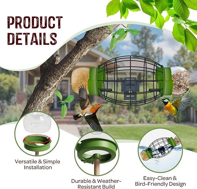 LONA Squirrel Proof Bird Feeding Cage for Outdoors - All-Weather Metal Caged Bird Feeders with Peanut Butter Jar Holder, Chew-Proof Feeding Cage for Small Birds (Oval Cage, 2 Feeding Units)
