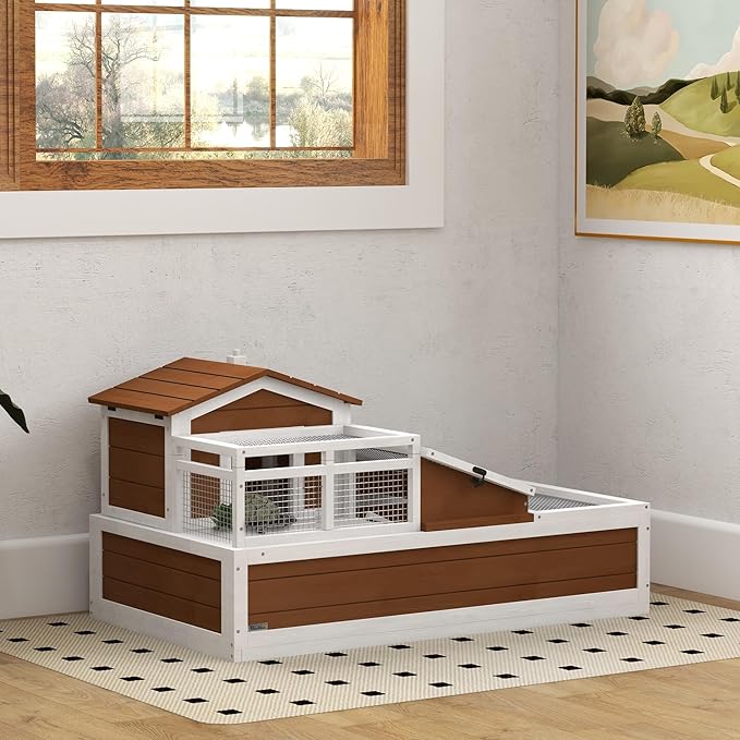 PawHut 3- Room Tortoise House Habitat with Balcony & 2 Stories, Indoor/Outdoor Wooden Tortoise Enclosure with Ladder, Tray, Openable Roof, Large Reptile Cage, 44" x 25. 5" x 23", Coffee