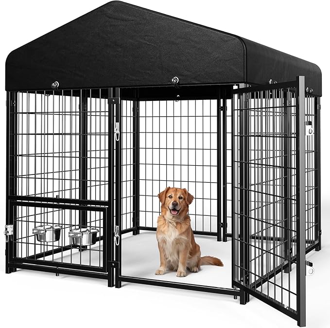 Dog Kennel Outdoor, Outside Dog Kennel with Roof & Swivel Feeders/Removable Doggy Door Allow Connecting Your Dog House, Heavy Duty Dog Run Pen Yard for Medium/Large Dogs (5'L x 5'W x 5'H)