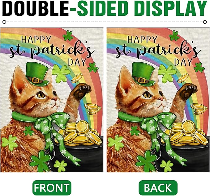 Dyrenson Happy St Patricks Day Orange Cat 28 x 40 House Flag Double Sided, Pet Rainbow Pot of Gold Garden Yard Decoration, Spring Irish Shamrock Clover Burlap Outdoor Decor Decorative Large Flag