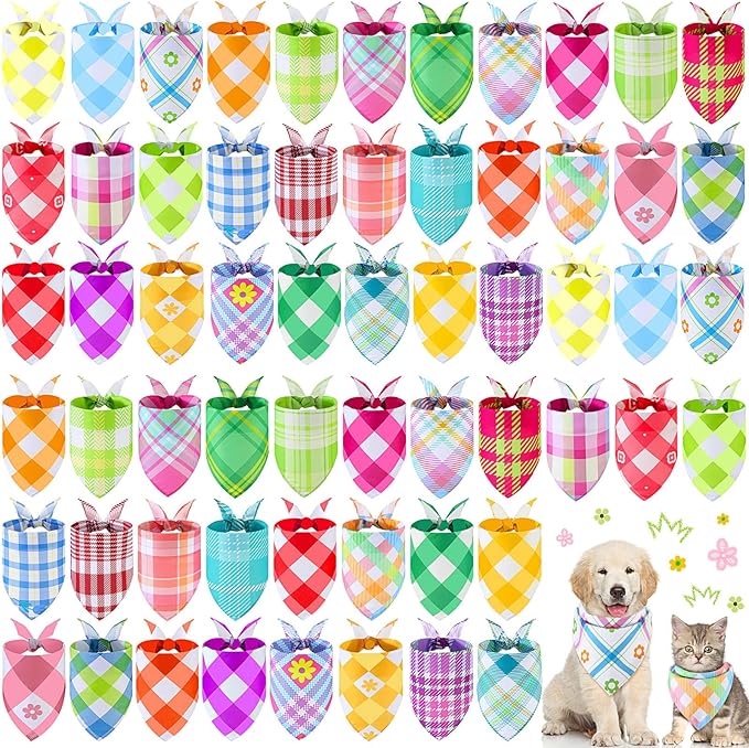 Sweetude 60 Pcs Spring Plaid Dog Bandanas Bulk Spring Pet Scarf Bibs Adjustable Washable Kerchief Seasonal Pet Costume Accessories Grooming Supplies for Small to Large Cats Dogs