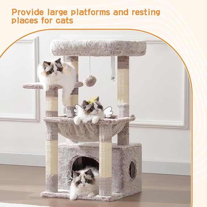 Heybly Cat Tree, Kitten Tower with Large Soft Cat Basket, Cat Condo with Spacious Cat Bed Cave with Hidden Space, Sisal-Covered Scratching Posts,Dangling Ball for Indoor Cats, Muchroom HCT008SMU