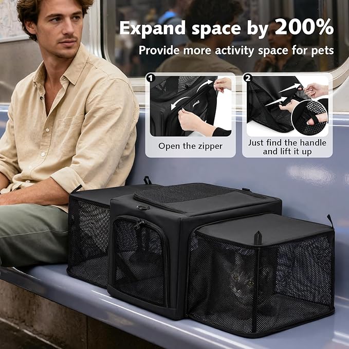 Pecute Cat Carrier Expandable, Stable Pet Carrier with 5mm Thick Steel Wire Frame, Dual-Side 200% Larger Space, Car Travel Carrier with Locking Zippers & Belt, Foldable for Storage, Dark Gray