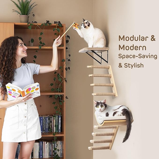 Cat Climbing Stair Shelf, Wall Mounted Ladder 2PCS 4 Steps Reversible Left & Right Direction, for Cats up to 15 Pounds, Cat Stairway with Jute Scratching Ladder Shelves for Kitten Perch Sleeping