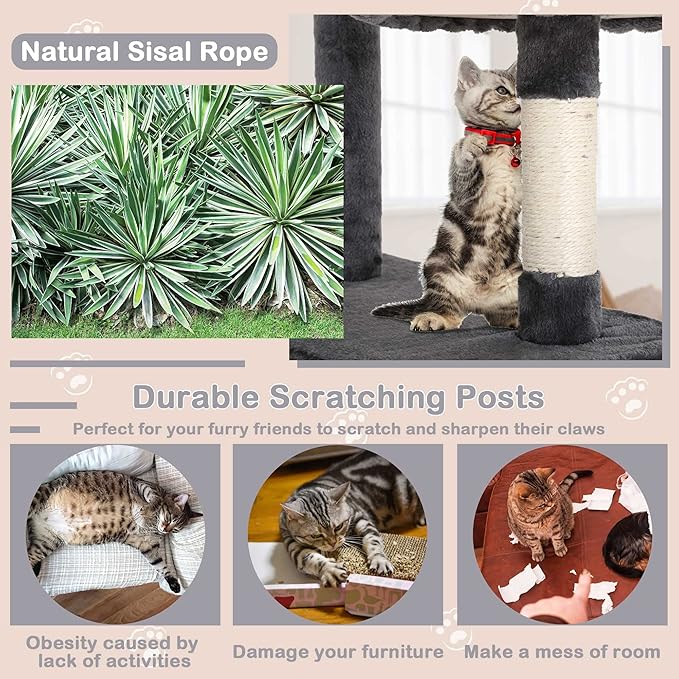 Heavy Duty Cat Tree Tower, 54" Tall, Multi-Level Cat Climbing Tower with Cat Scratching Post, Bed, Hanging Ball, Ashy