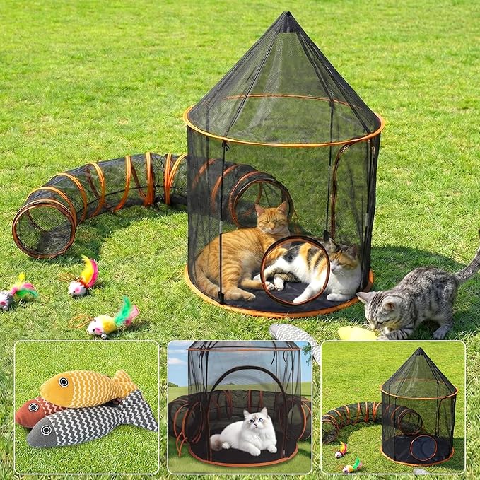 Outdoor Cat Enclosure with Tunnel - Large Portable Pet Playpen Tent for Indoor/Outdoor, Catio Playhouse for Cats, Kittens, Rabbits & Small Animals
